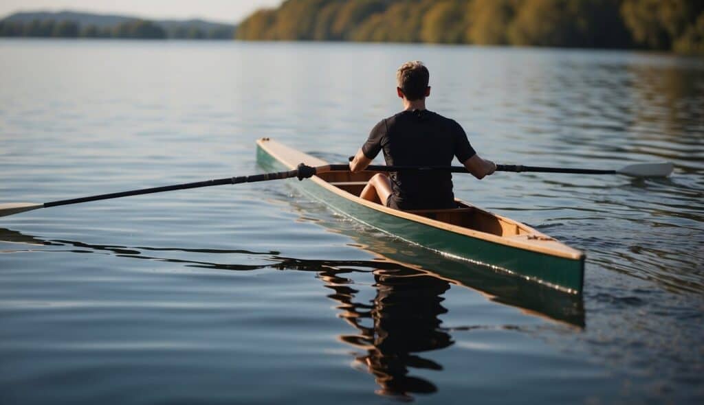 A single scull rowing boat gliding effortlessly on calm water, with the oars slicing through the surface, creating small ripples