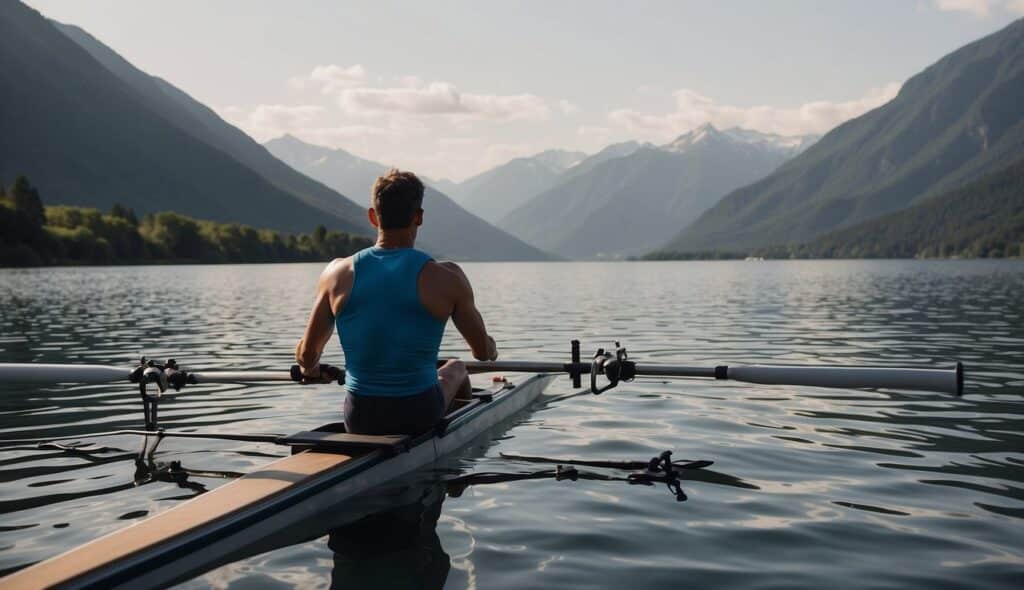 A lightweight rower training on a sleek rowing machine, with a coach providing tips and guidance. The athlete is focused and determined, with a backdrop of a serene lake and distant mountains