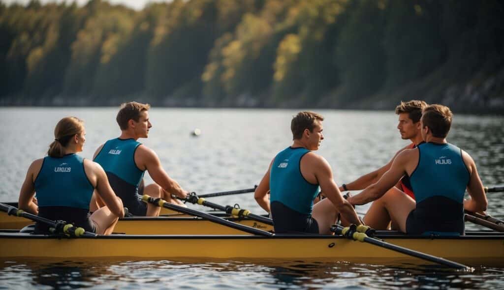 A rowing team huddles on the shore, discussing strategy and preparing for competition. Oars and boats are scattered nearby, with a sense of determination in the air