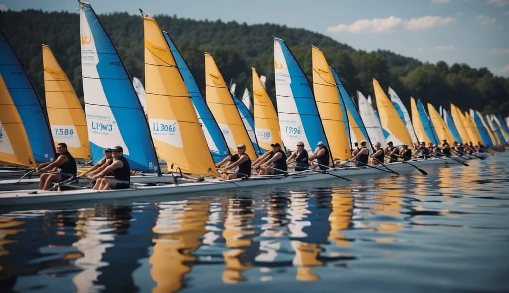 Rowing competition banners fly above a crowded lakeside with sleek boats gliding across the water