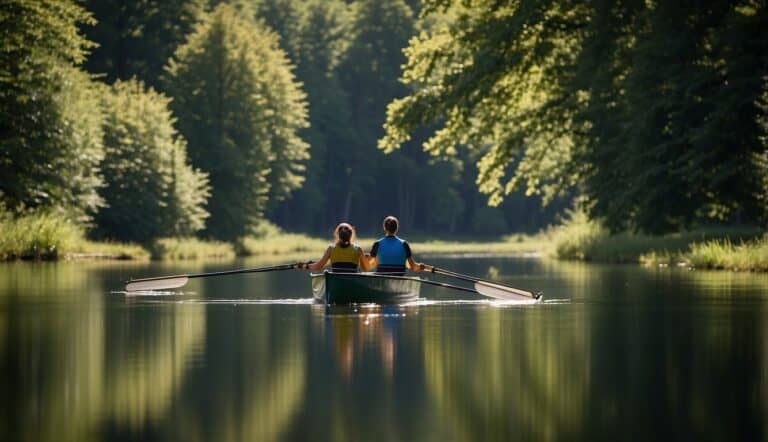 A rowing boat glides across a tranquil lake, surrounded by lush green trees and clear blue skies, showcasing the harmony between nature and the sport of rowing