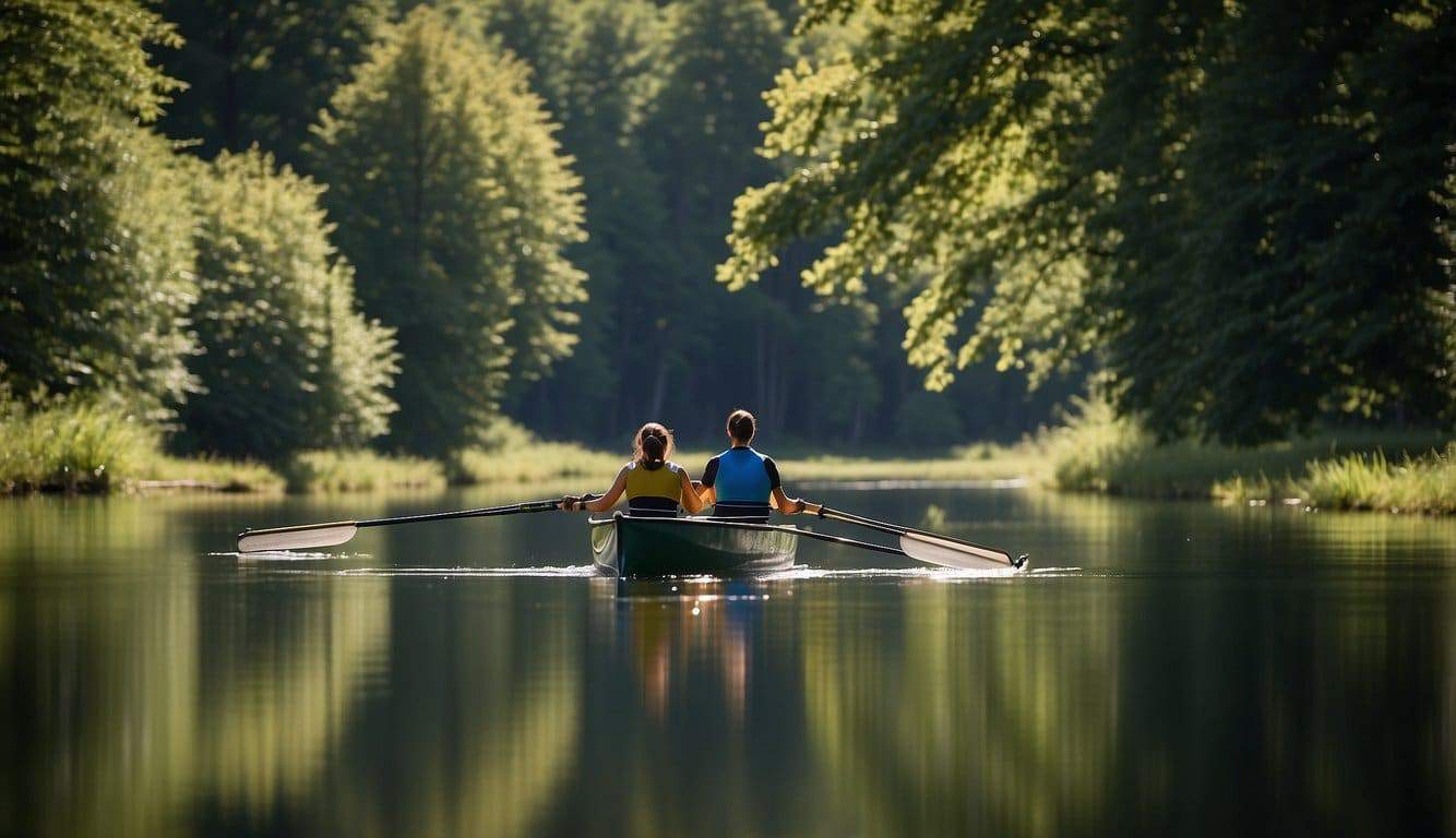 A rowing boat glides across a tranquil lake, surrounded by lush green trees and clear blue skies, showcasing the harmony between nature and the sport of rowing