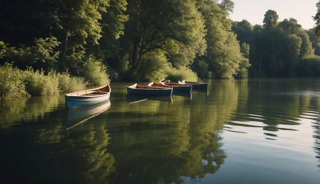 A serene river with rowing boats gliding over clear water, surrounded by lush greenery and wildlife, symbolizing sustainability in rowing