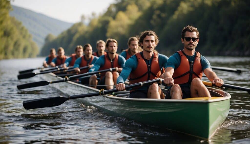 A rowing team faces the challenge of navigating a winding river, while also having the opportunity to showcase their commitment to sustainability through eco-friendly equipment and practices