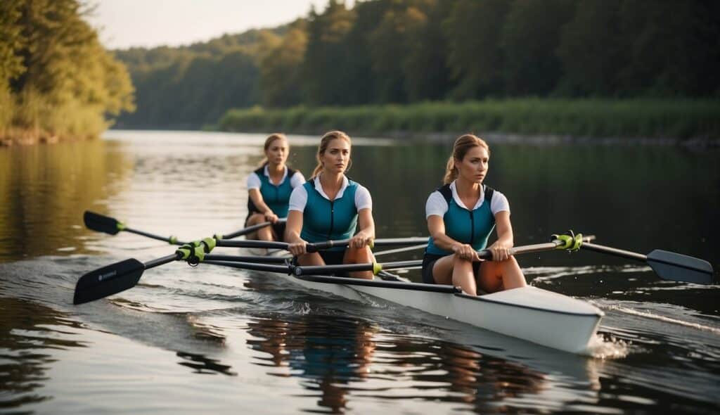 A rowing team practices sustainability, using eco-friendly equipment and techniques. The serene river setting and teamwork are evident