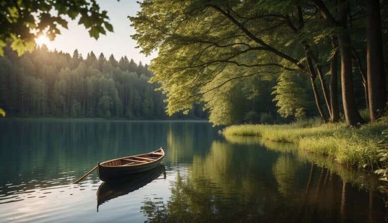 A serene lake surrounded by lush green trees, with a traditional German rowing boat gliding across the water