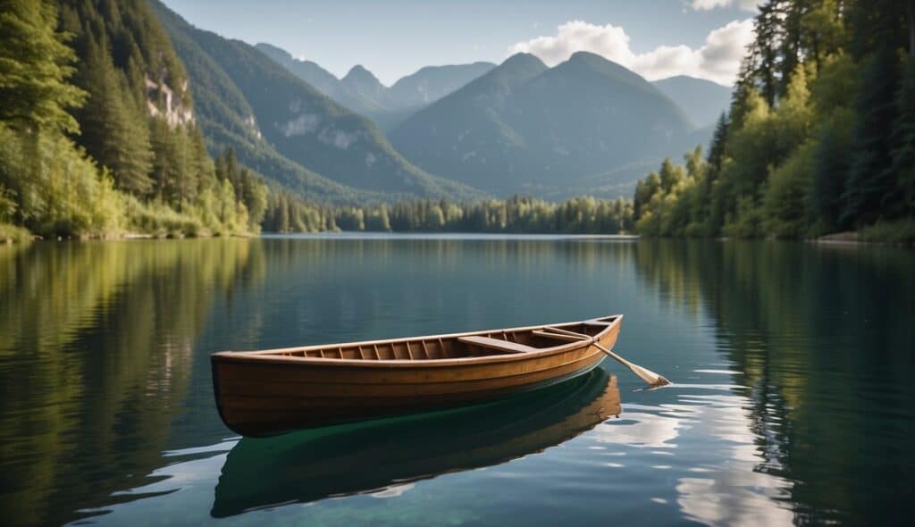 A rowing boat glides across a serene lake, surrounded by lush greenery and distant mountains in the background