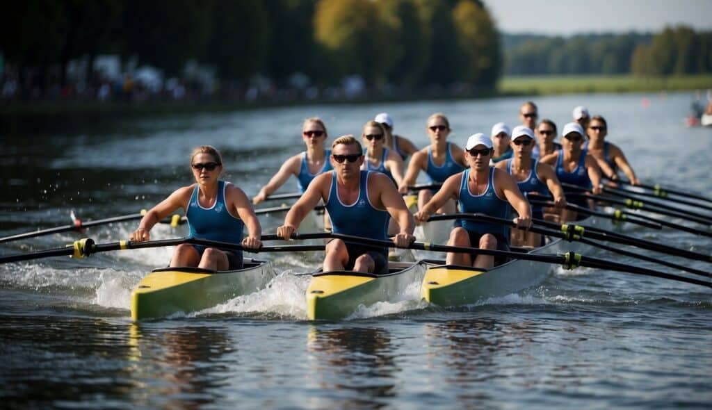 Rowing competition on a German river, with sleek boats slicing through the water, oars dipping and splashing as they propel forward