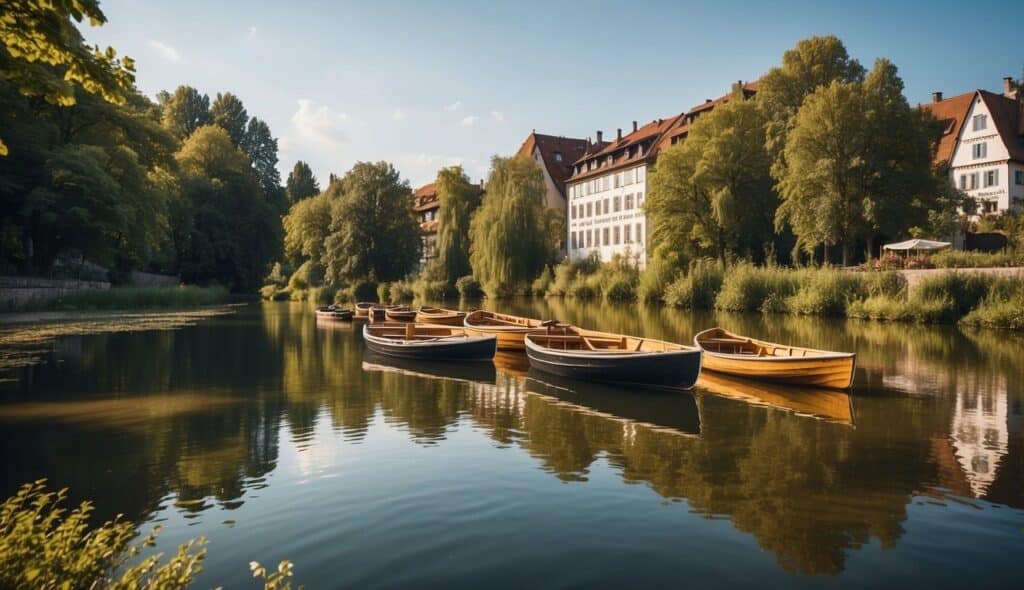 Rowing boats on calm German river, surrounded by lush greenery and traditional architecture