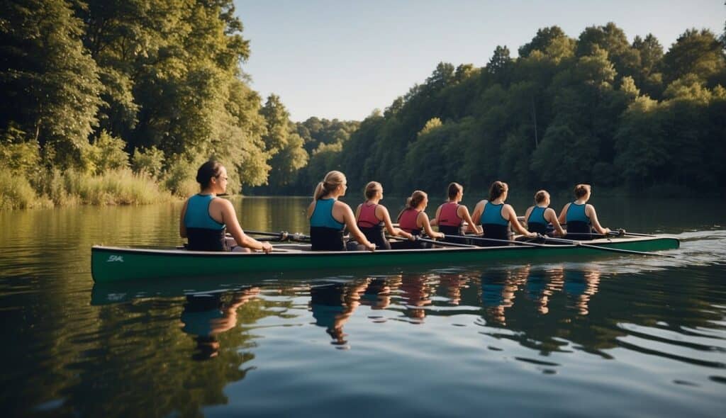 A rowing team practices on a serene river, surrounded by lush greenery and a clear blue sky. The team's boat glides smoothly through the water as they work in unison