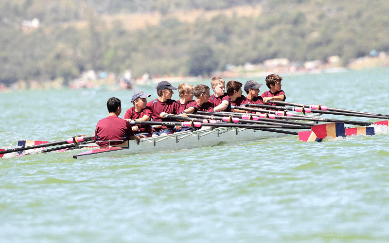 Rowing team building in action, oars slicing through water, synchronized movement, teamwork and determination evident